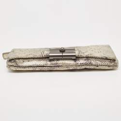 Pre Owned Coach Metallic Silver/Black Python Embossed Leather Flap Clutch