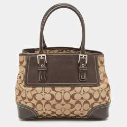 Pre Owned Coach Dark Brown/Beige Signature Canvas and Leather Hampton Tote