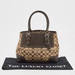 Pre Owned Coach Dark Brown/Beige Signature Canvas and Leather Hampton Tote