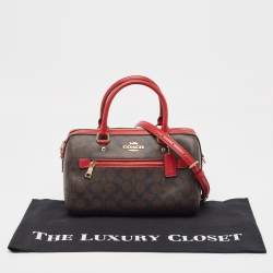 Pre Owned Coach Red/Brown Signature Coated Canvas and Leather Rowan Boston Bag
