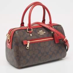 Pre Owned Coach Red/Brown Signature Coated Canvas and Leather Rowan Boston Bag