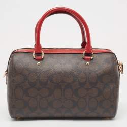 Pre Owned Coach Red/Brown Signature Coated Canvas and Leather Rowan Boston Bag