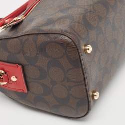 Pre Owned Coach Red/Brown Signature Coated Canvas and Leather Rowan Boston Bag