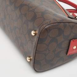 Pre Owned Coach Red/Brown Signature Coated Canvas and Leather Rowan Boston Bag