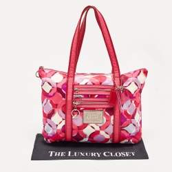 Pre Owned Coach Pink Signature Satin and Patent Leather Tote