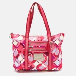 Pre Owned Coach Pink Signature Satin and Patent Leather Tote