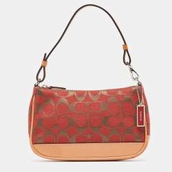Pre Owned Coach Red/Beige Signature Canvas and Leather Pochette Bag