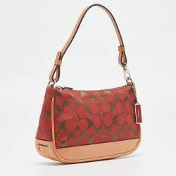 Pre Owned Coach Red/Beige Signature Canvas and Leather Pochette Bag
