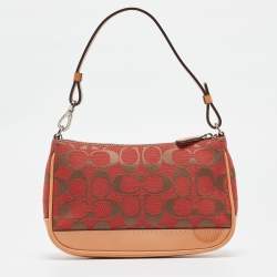 Pre Owned Coach Red/Beige Signature Canvas and Leather Pochette Bag