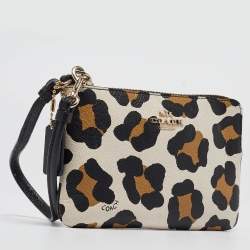 Coach Black/Brown Leopard Print Leather Zip Wristlet Pouch