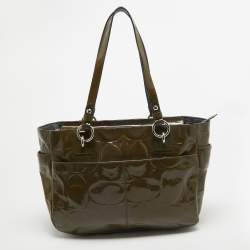 Coach Olive Green Op Art Embossed Patent Leather East West Gallery Tote