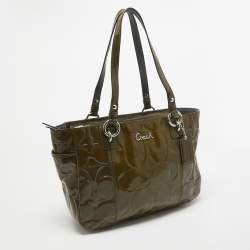 Coach Olive Green Op Art Embossed Patent Leather East West Gallery Tote