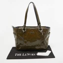 Coach Olive Green Op Art Embossed Patent Leather East West Gallery Tote