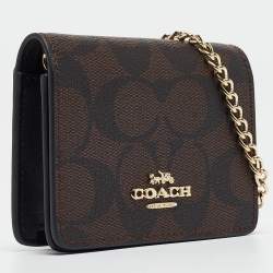 Coach Black/Brown Signature Coated Canvas and Leather Mini Chain Card Case