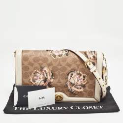 Pre Owned Coach Beoge/Old Rose Signature Coated Canvas and Leather Rose Embellished Riley Crossbody Bag
