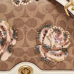 Pre Owned Coach Beoge/Old Rose Signature Coated Canvas and Leather Rose Embellished Riley Crossbody Bag