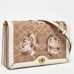 Pre Owned Coach Beoge/Old Rose Signature Coated Canvas and Leather Rose Embellished Riley Crossbody Bag