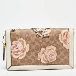 Pre Owned Coach Beoge/Old Rose Signature Coated Canvas and Leather Rose Embellished Riley Crossbody Bag