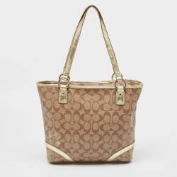Pre Owned Coach Beige/Gold Signature Coated Canvas and Leather Heritage Star Tote