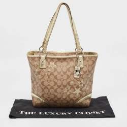 Pre Owned Coach Beige/Gold Signature Coated Canvas and Leather Heritage Star Tote