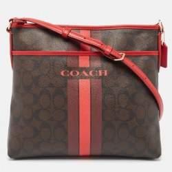 Coach Dark Brown/Red Signature Coated Canvas Varsity Striped File Crossbody Bag