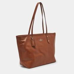 Pre Owned Coach Brown Leather City Zip Tote