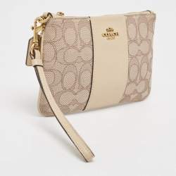 Coach Beige Signature canvas and Leather Wristlet Zip Pouch