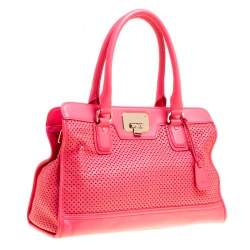 Pre Owned Cole Haan Pink Laser Cut Leather Vintage Valise Novelty Kendra Tote