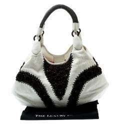 Cole Haan White/Brown Woven Leather Beaded Hobo