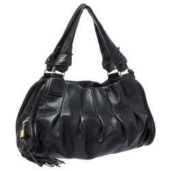 Pre Owned Cole Haan Black Pleated  Leather Tassel Hobo 