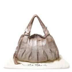Pre Owned Cole Haan Metallic Beige Pleated Leather Tassel Hobo