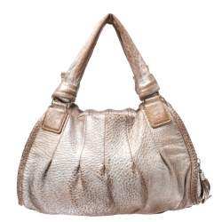 Pre Owned Cole Haan Metallic Beige Pleated Leather Tassel Hobo