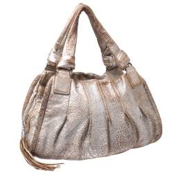 Pre Owned Cole Haan Metallic Beige Pleated Leather Tassel Hobo
