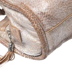 Pre Owned Cole Haan Metallic Beige Pleated Leather Tassel Hobo