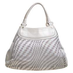 Pre Owned Cole Haan White checkered Fabric and Leather Triangle Tote 