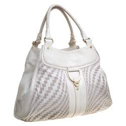 Pre Owned Cole Haan White checkered Fabric and Leather Triangle Tote 