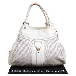Pre Owned Cole Haan White checkered Fabric and Leather Triangle Tote 