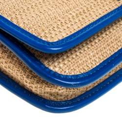 Pre Owned Cole Haan Beige/Blue Woven Straw,Fabric and Leather Bedford Crossbody Bag