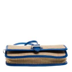 Pre Owned Cole Haan Beige/Blue Woven Straw,Fabric and Leather Bedford Crossbody Bag