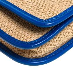 Pre Owned Cole Haan Beige/Blue Woven Straw,Fabric and Leather Bedford Crossbody Bag