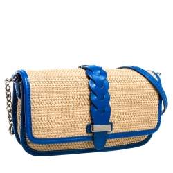 Pre Owned Cole Haan Beige/Blue Woven Straw,Fabric and Leather Bedford Crossbody Bag