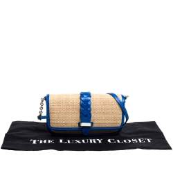 Pre Owned Cole Haan Beige/Blue Woven Straw,Fabric and Leather Bedford Crossbody Bag