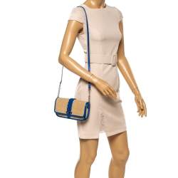 Pre Owned Cole Haan Beige/Blue Woven Straw,Fabric and Leather Bedford Crossbody Bag
