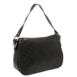 Pre Owned Cole Haan Black Woven Leather Flap Shoulder Bag