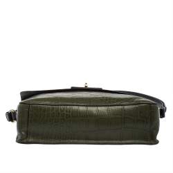 Pre Owned Cole Haan Green/Black Leather and Croc Embossed Leather Flap Shoulder Bag