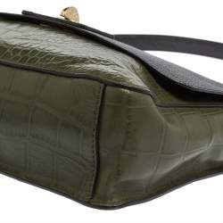 Pre Owned Cole Haan Green/Black Leather and Croc Embossed Leather Flap Shoulder Bag