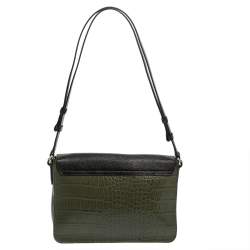 Pre Owned Cole Haan Green/Black Leather and Croc Embossed Leather Flap Shoulder Bag