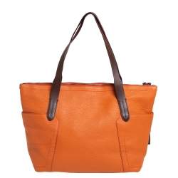 Pre Owned Cole Haan Orange/Brown Leather Parker Top Zip Shopper Tote