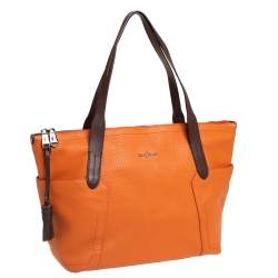 Pre Owned Cole Haan Orange/Brown Leather Parker Top Zip Shopper Tote