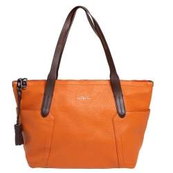 Pre Owned Cole Haan Orange/Brown Leather Parker Top Zip Shopper Tote